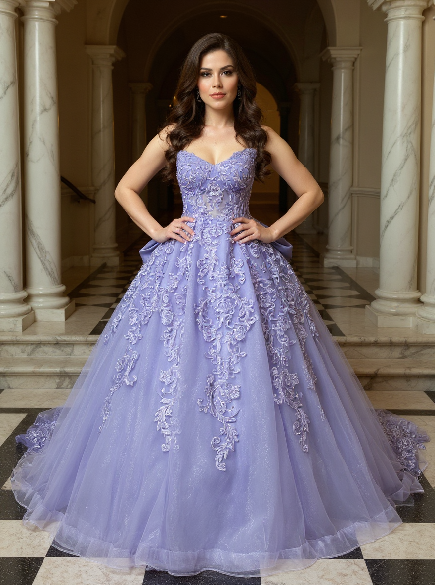 27DRESS Purple Strapless Sequined Ball Gown Evening Dresses with Bow