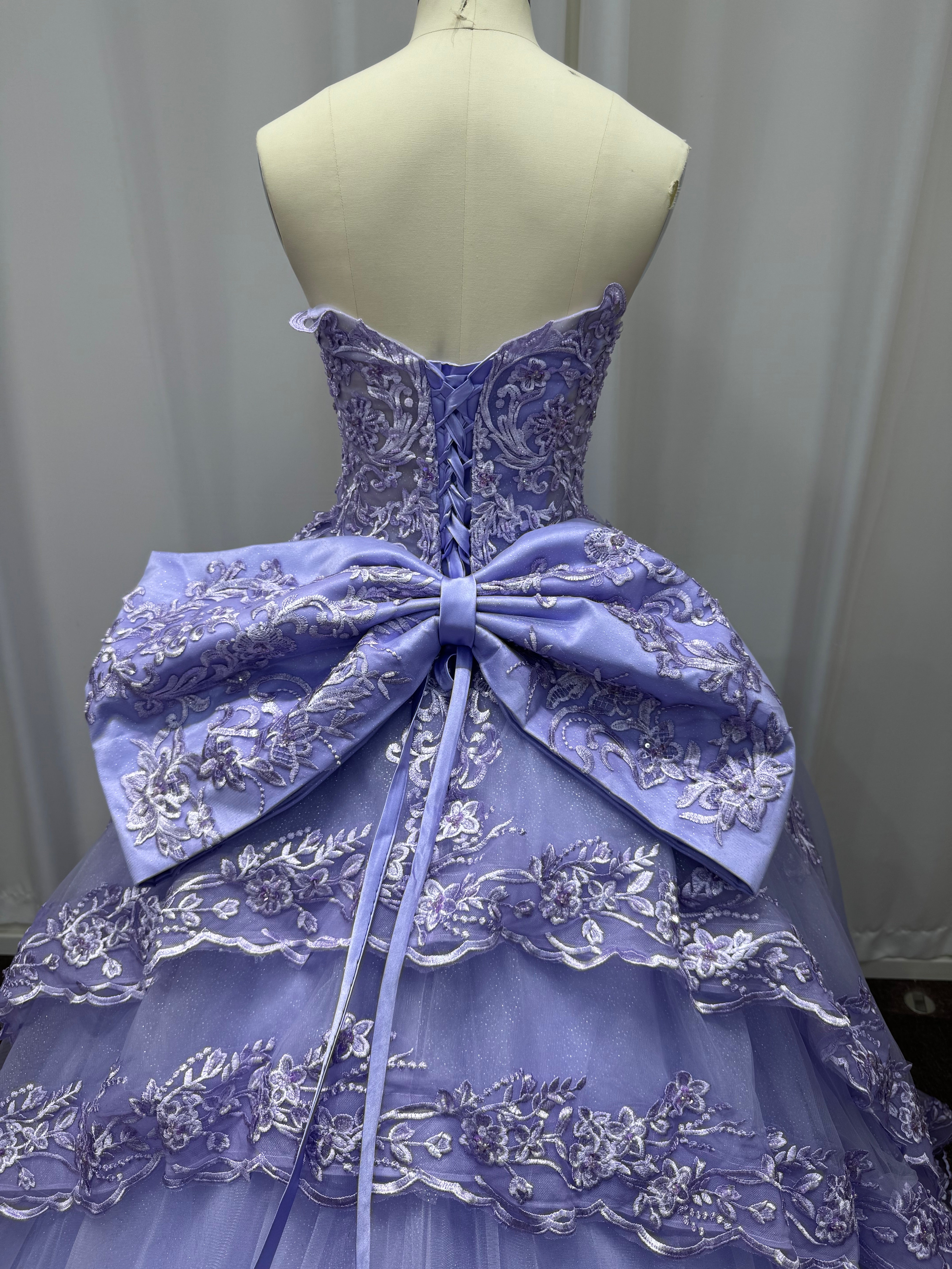 27DRESS Purple Strapless Sequined Ball Gown Evening Dresses with Bow