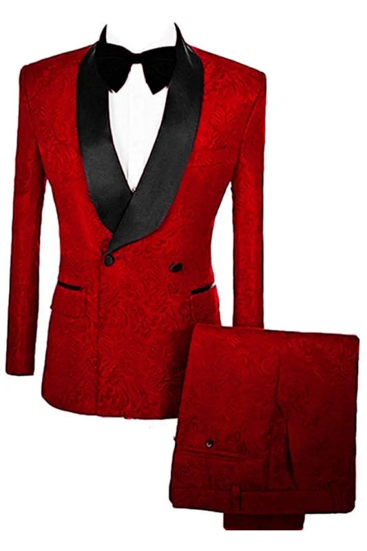 Double Breasted Jacquard Red Wedding Suits With Velvet Lapel