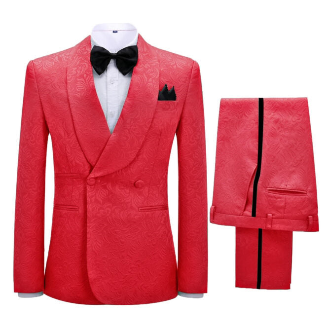 Floral Paisley Jacquard Shawl Lapel Double Breasted Red Wedding Suits Two Pieces Tuxedos