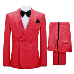Floral Paisley Jacquard Shawl Lapel Double Breasted Red Wedding Suits Two Pieces Tuxedos
