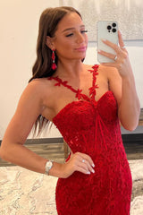 Red Halter Flower Straps Appliques Mermaid Tulle Long Prom Dress