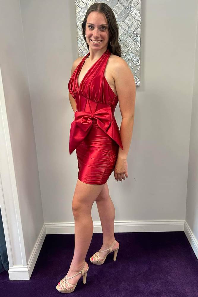 Red Halter Pleated Mini Dress with Bow