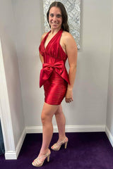 Red Halter Pleated Mini Dress with Bow