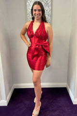 Red Halter Pleated Mini Dress with Bow-27dress