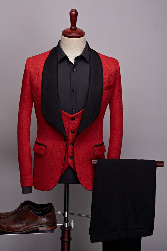 Jacquard One Button Three Pieces Red Wedding Suits with Black Shawl Lapel