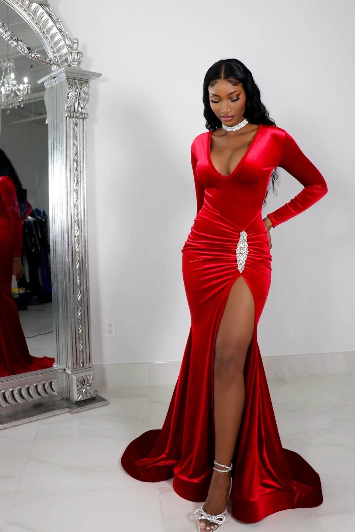 Red Long Prom Dress Long Sleeves Simple With High Split Pleated