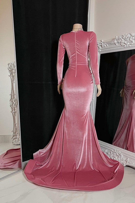 Red Long Prom Dress Long Sleeves Simple With High Split Pleated