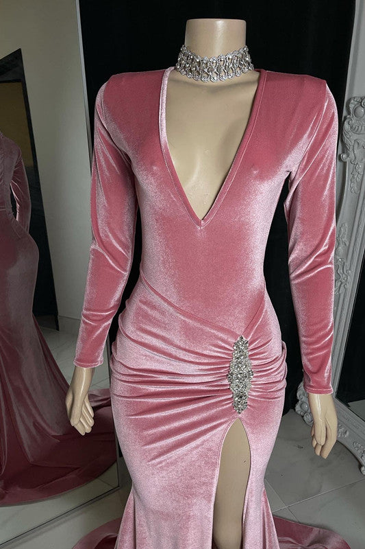 Red Long Prom Dress Long Sleeves Simple With High Split Pleated