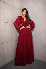 Red Long Sleeves V Neck Long Ruffles Prom Dress With Sequins