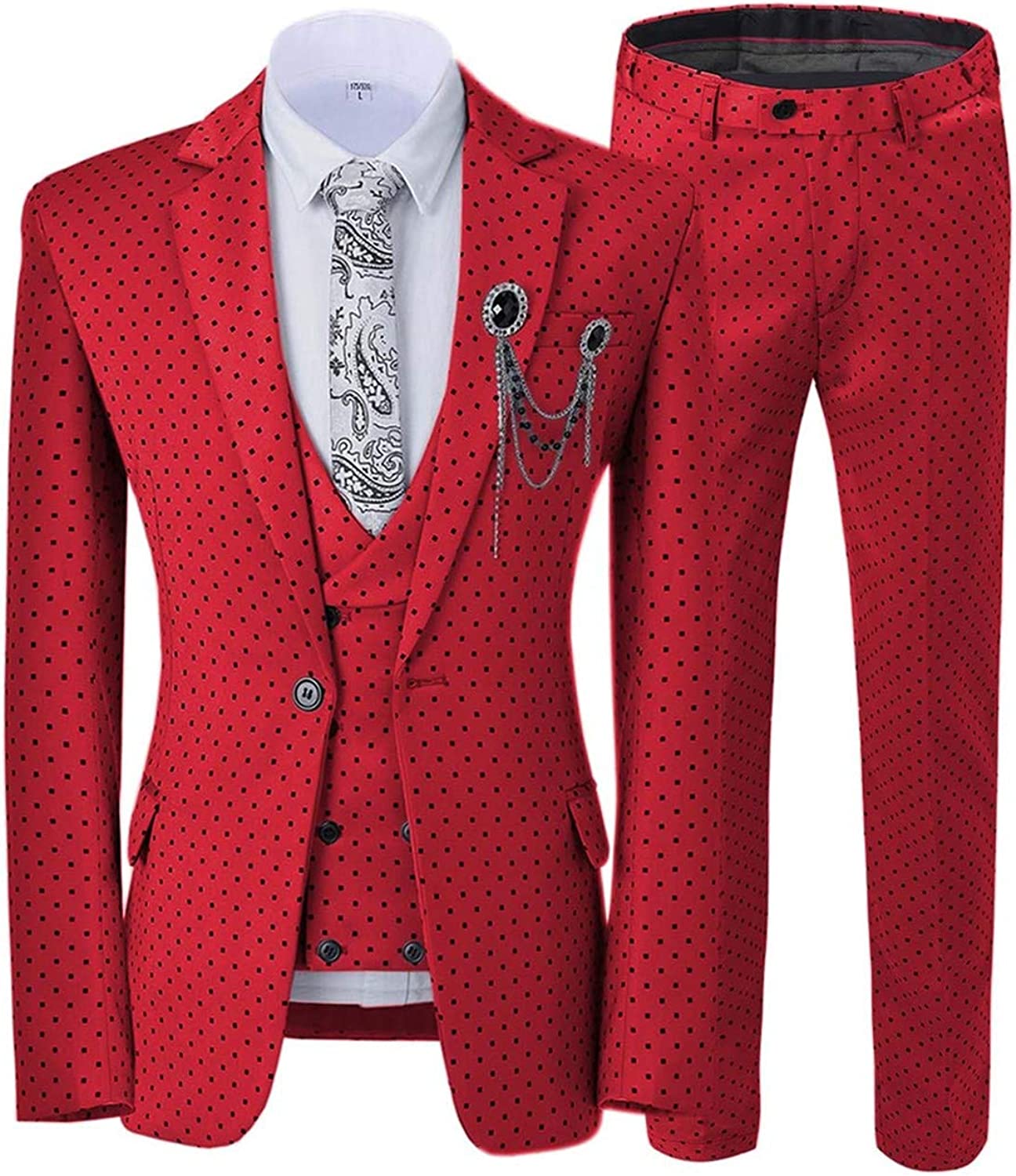 Notched Lapel Three Pieces Red Prom Suits With Black Dot