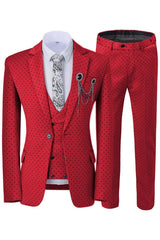 Notched Lapel Three Pieces Red Prom Suits With Black Dot