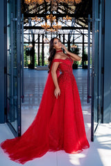27RESS Red Off-the-Shoulder Mermaid Evening Dresses with Beaded