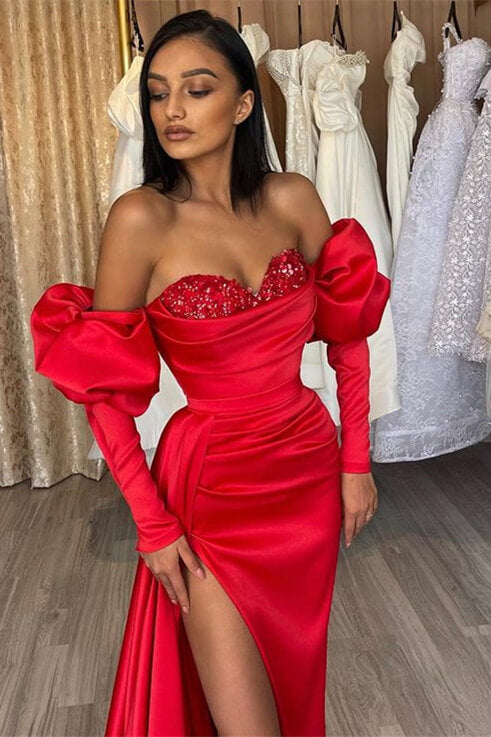 Red Off The Shoulder Mermaid Split Prom Dress Sweetheart With Diamond Appliques
