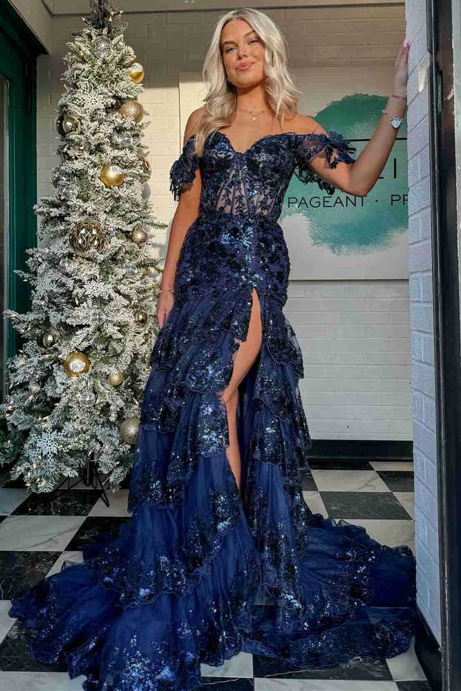 Off the Shoulder Red Sequin Tiered Mermaid Long Prom Dress