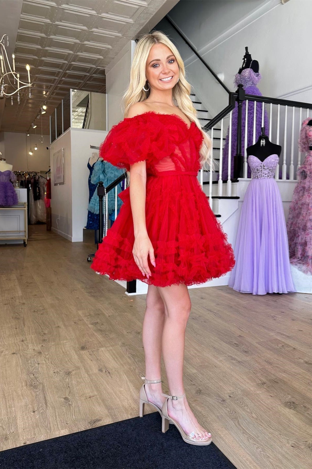Red Off-the-Shoulder Tulle Ruffle-Layers A-line Homecoming Dress