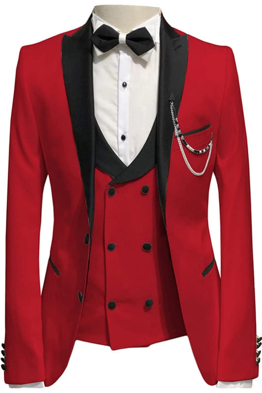 Peaked Lapel Three Pieces Bespoke Red Prom Suits
