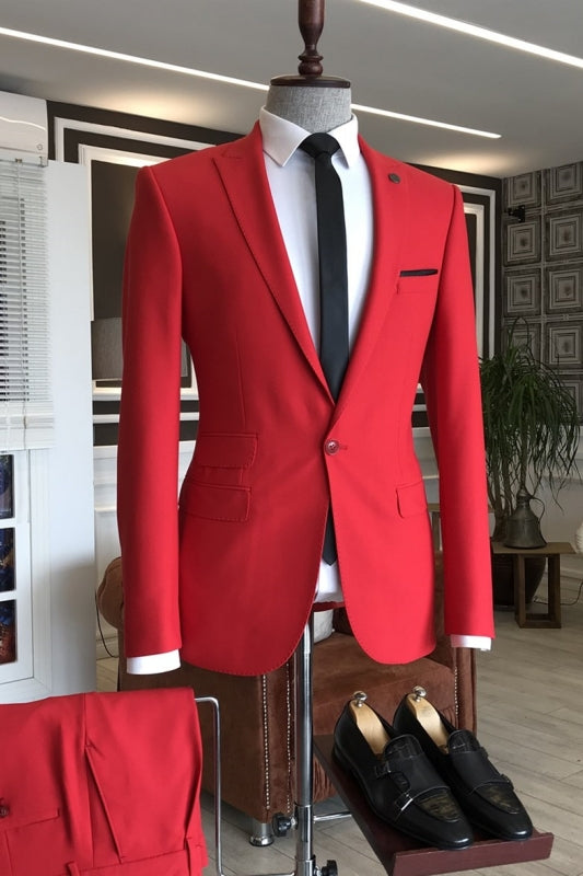 Red Peaked Lapel Two Pieces Slim Fit Men Suits For Prom