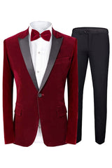 Red Peaked Lapel Two Pieces Velvet Suits For Prom