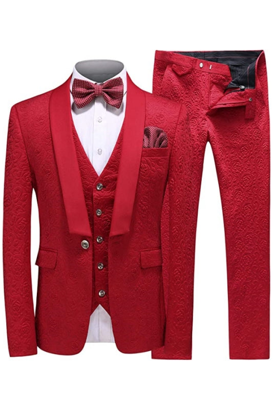 Red Shawl Lapel Three Pieces Jacquard Men Suits For Wedding