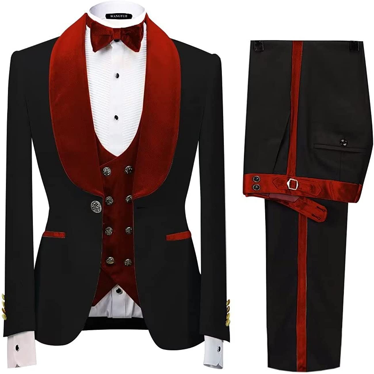 Shawl Lapel Three Pieces Slim Fit Velvet Red Wedding Suits