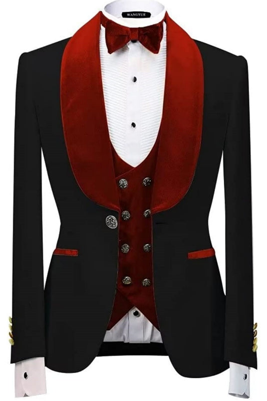 Shawl Lapel Three Pieces Slim Fit Velvet Red Wedding Suits
