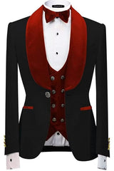 Shawl Lapel Three Pieces Slim Fit Velvet Red Wedding Suits