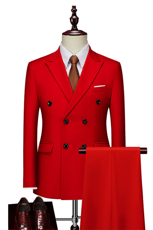Red Slim Fit Double Breasted Peaked Lapel Men Suit for Prom