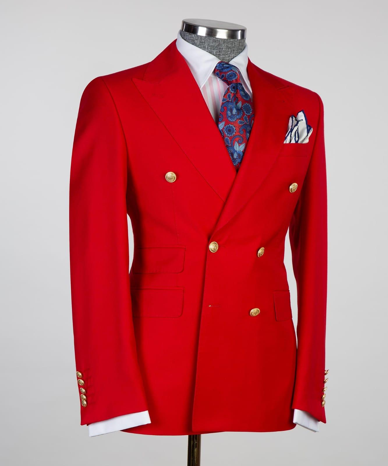 Red Slim Fit Two Pieces Double Breasted Peaked Lapel Prom Men Suits