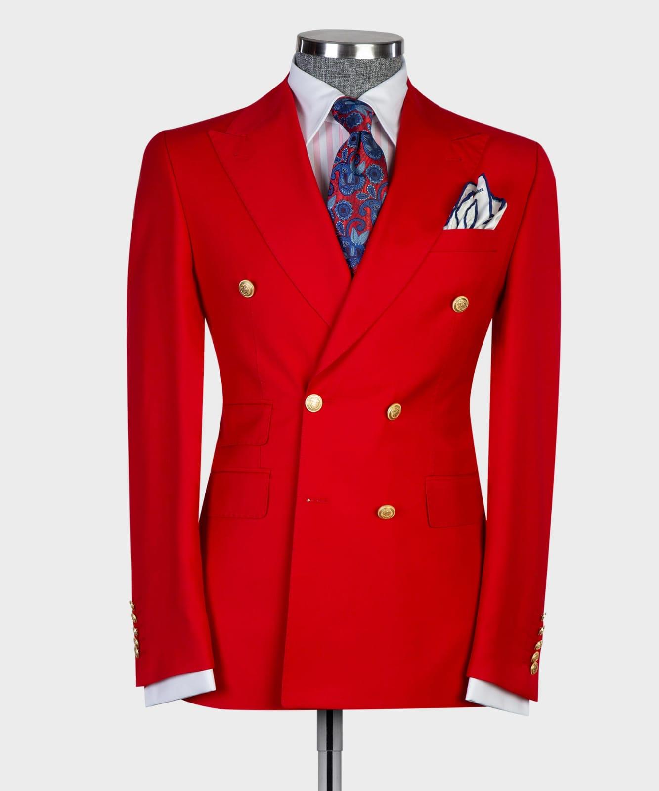 Red Slim Fit Two Pieces Double Breasted Peaked Lapel Prom Men Suits
