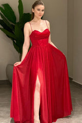 Red Spaghetti Strap Sleeveless A Line Split Long Prom Dress With Sequins