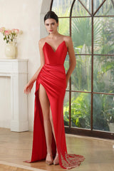 Red Spaghetti Straps V-neck Sheath Long Prom Dress with Slit-27dress