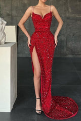 Red Split Spaghetti Strap Sleeveless Mermaid Prom Dress With Sequins