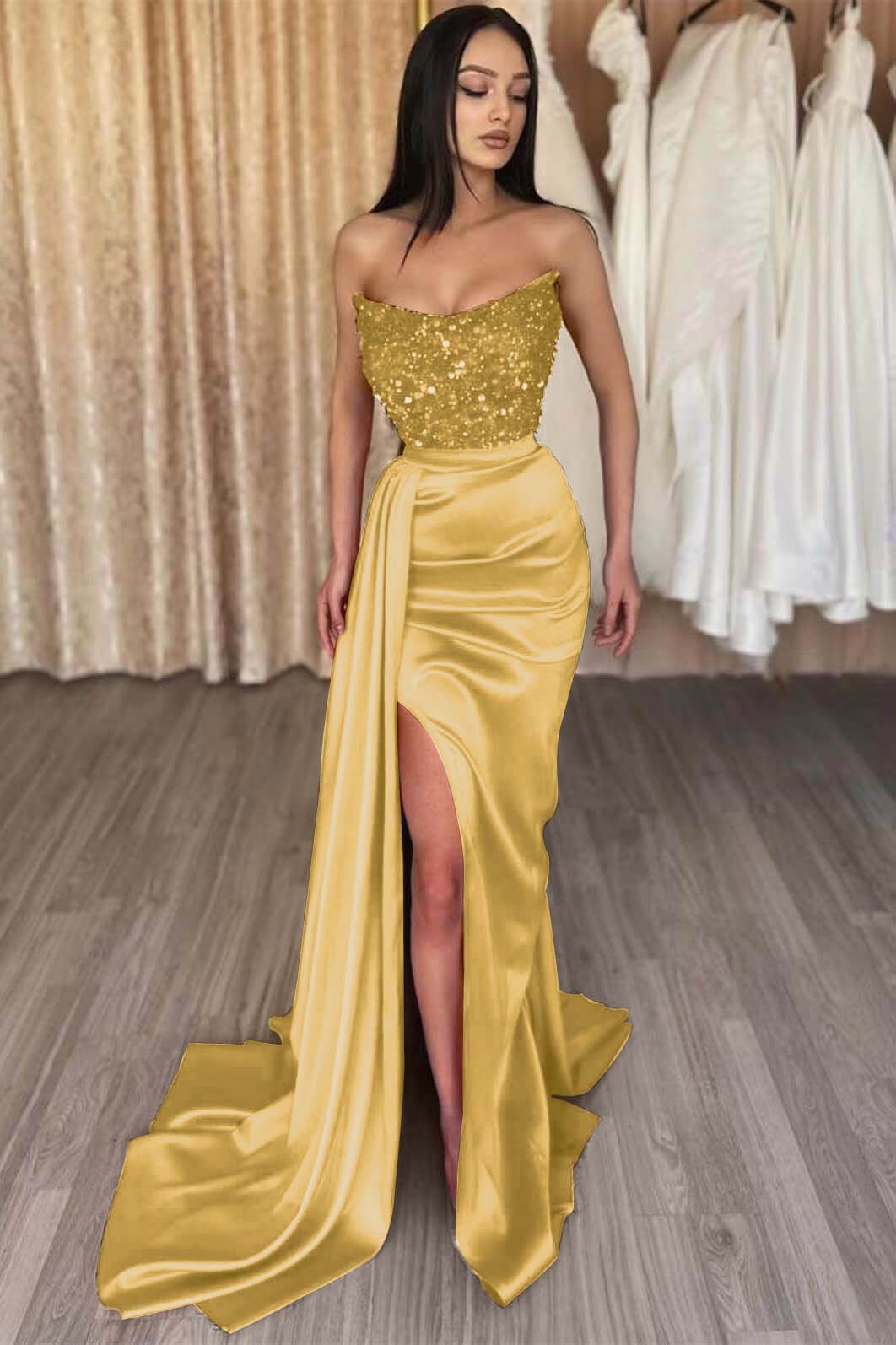 Red Strapless Elegant Sleeveless Long Sequins Prom Dress Mermaid Side Split