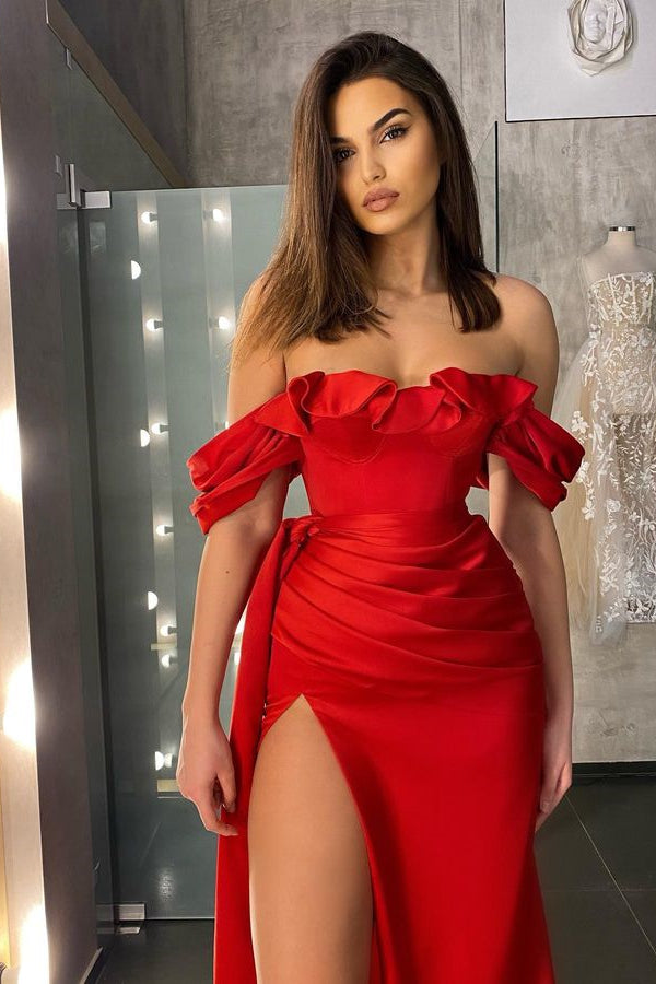 Red Strapless Mermaid Long Prom Dress Off the Shoulder With Split