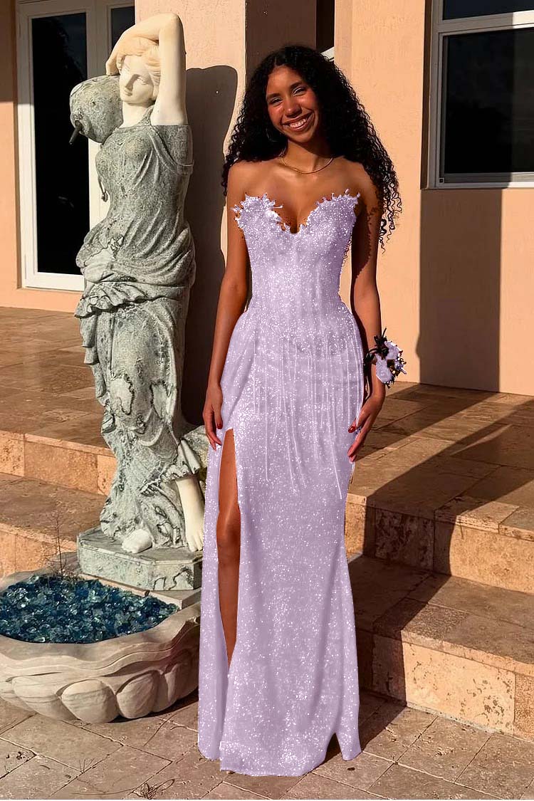 Red Strapless Sleeveless Long Mermaid Prom Dress With Sequins Split