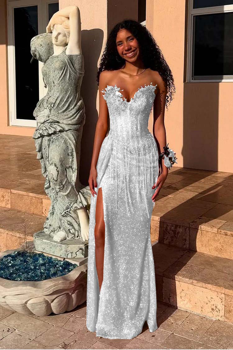 Red Strapless Sleeveless Long Mermaid Prom Dress With Sequins Split