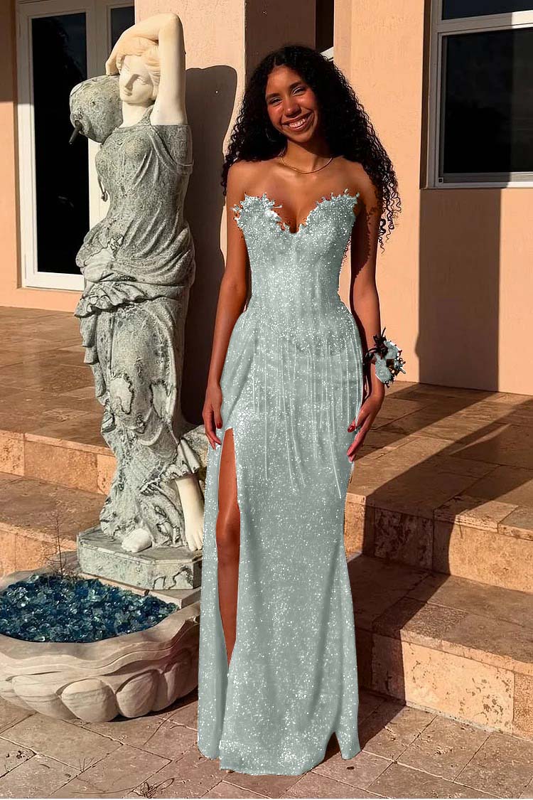 Red Strapless Sleeveless Long Mermaid Prom Dress With Sequins Split