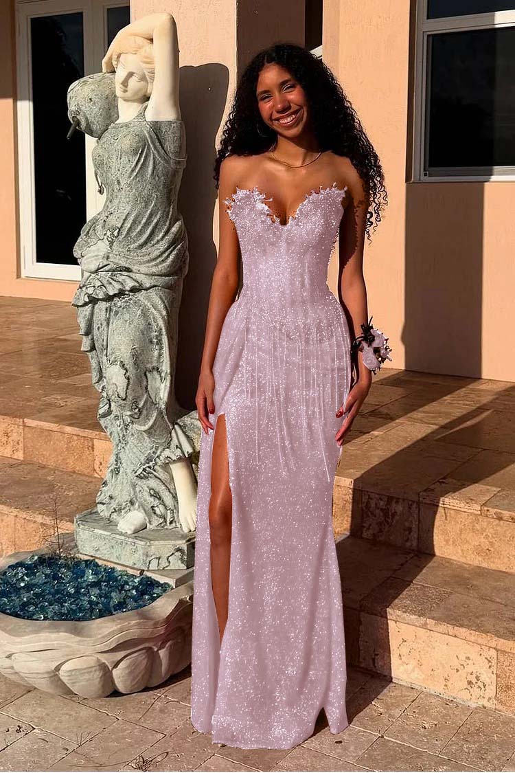 Red Strapless Sleeveless Long Mermaid Prom Dress With Sequins Split