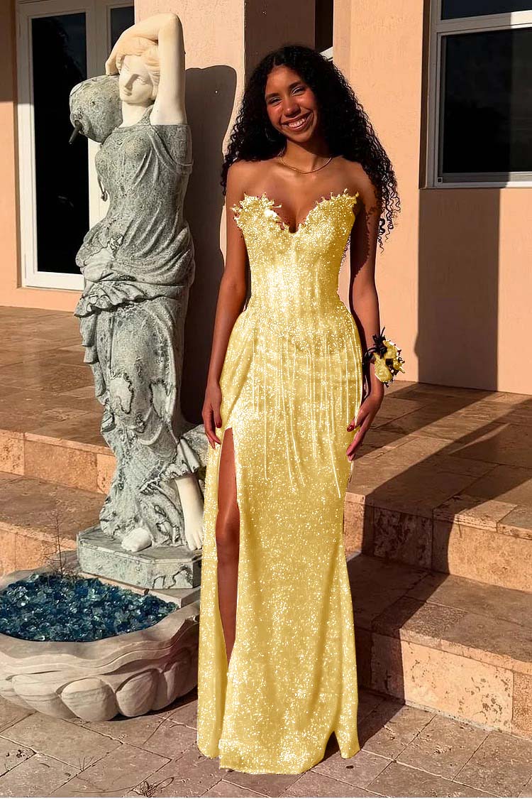 Red Strapless Sleeveless Long Mermaid Prom Dress With Sequins Split