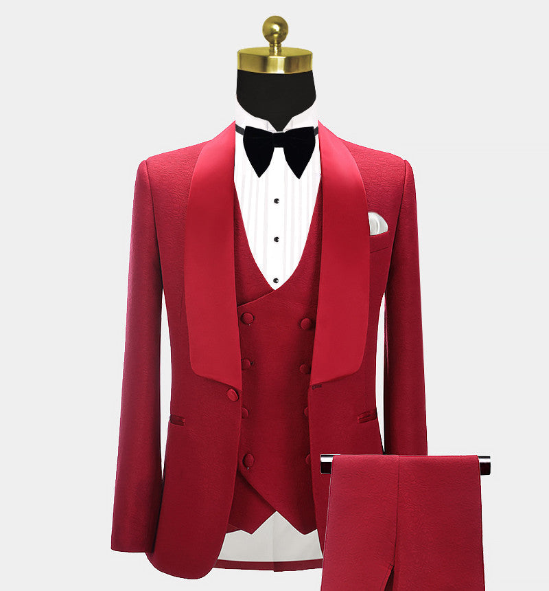 Red Three Pieces Fashion Shawl Lapel Wedding Grooms Suits