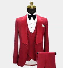 Red Three Pieces Fashion Shawl Lapel Wedding Grooms Suits