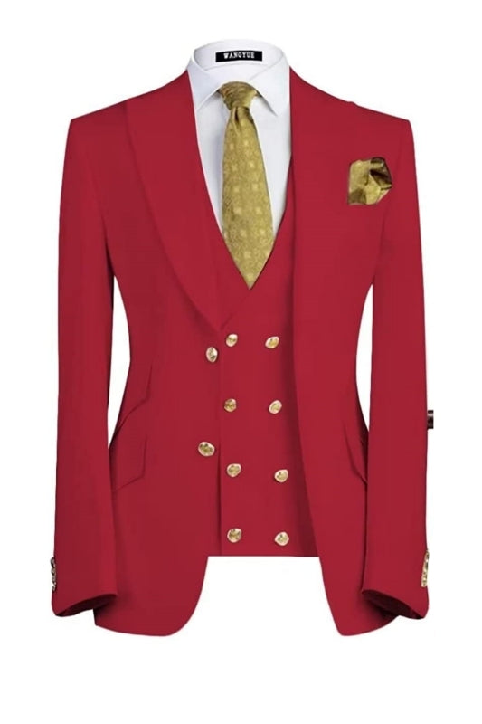Three Pieces Peaked Lapel Red Prom Suits For Men