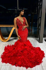 Red V-Neck Mermaid Long Sequined Prom Dress with Ruffles-27dress