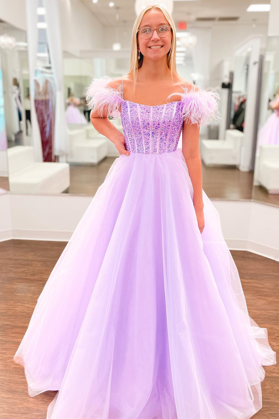 Royal Blue A-line Scoop Neck Rhinestone Long Prom Dress with Feathers