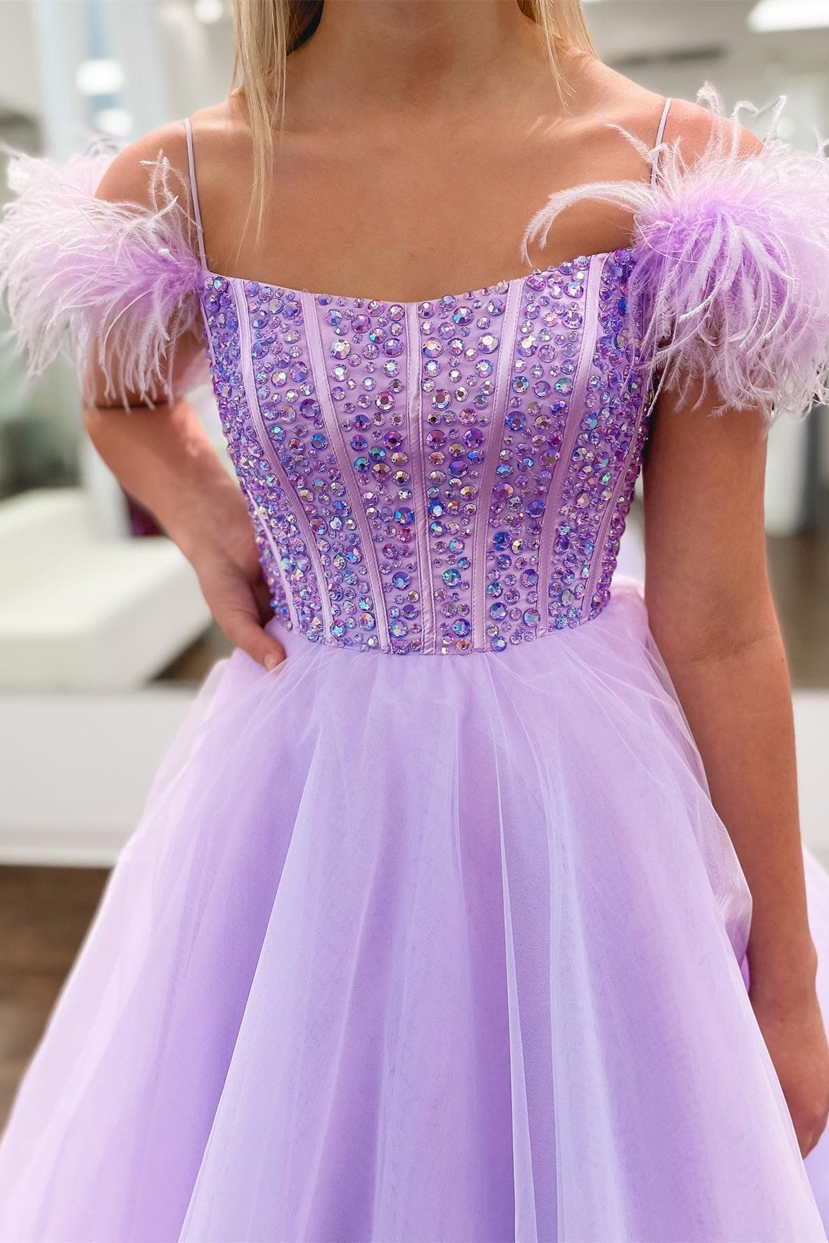 Royal Blue A-line Scoop Neck Rhinestone Long Prom Dress with Feathers