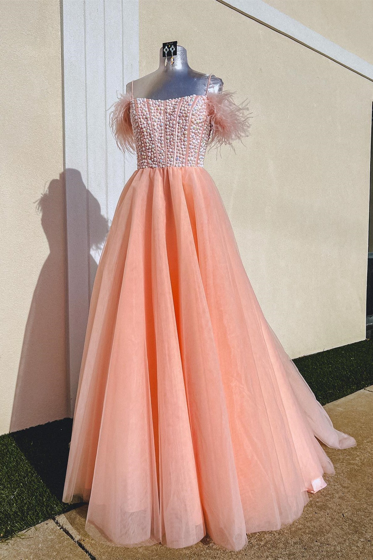 Royal Blue A-line Scoop Neck Rhinestone Long Prom Dress with Feathers