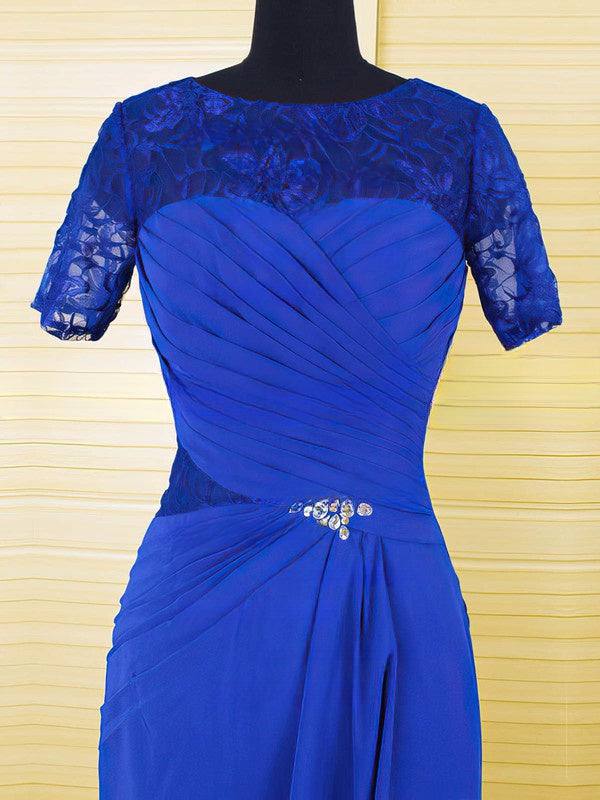 Royal Blue Chiffon Lace Crystal Ruffles Short Sleeve Scoop Neck Mother of the Bride Dress
