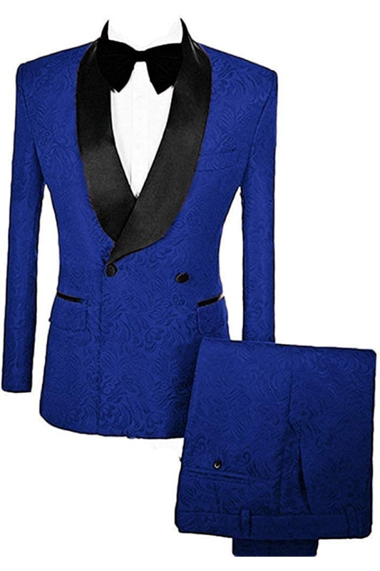 Royal Double Breasted Jacquard Close Fitting Blue Wedding Suits With Velvet Lapel