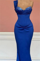 Royal Blue Long Mermaid Sweetheart One Shoulder Prom Dress With Sequins